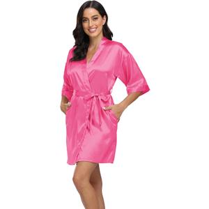 Women's Satin Robe Silk Kimono Bathrobe Pure Short Sexy Sleepwear Bridesmaid Bride Party Robes with Pockets S