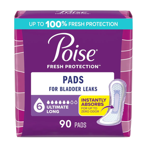 Poise Incontinence & Postpartum Pads for Bladder Leaks, 6 Drop Ultimate Absorbency, Long Length, 90 Count, Packaging May Vary