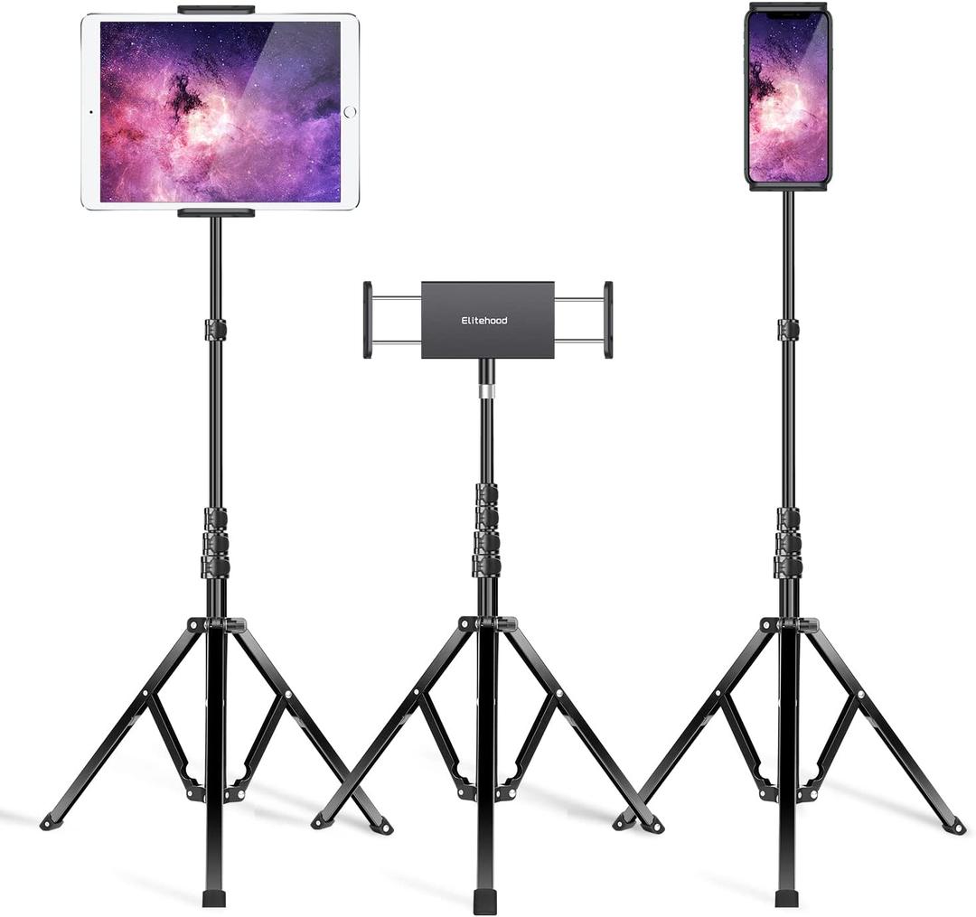 elitehood Aluminum iPad Stand Tripod, 65'' Adjustable Tablet Tripod Holder, 360 Degree Rotating iPad Holder Stand for Floor, Compatible with 4.7-13" Tablets and Phones Black