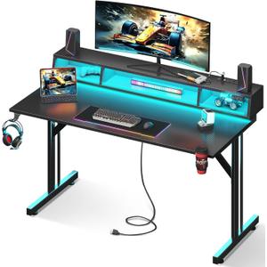 MOTPK 48 inch Gaming Desk with LED Lights & Power Outlets, Small Computer Gaming Table with Float Monitor Stand, Kids Boys Desk with Carbon Fiber Texture (Black)
