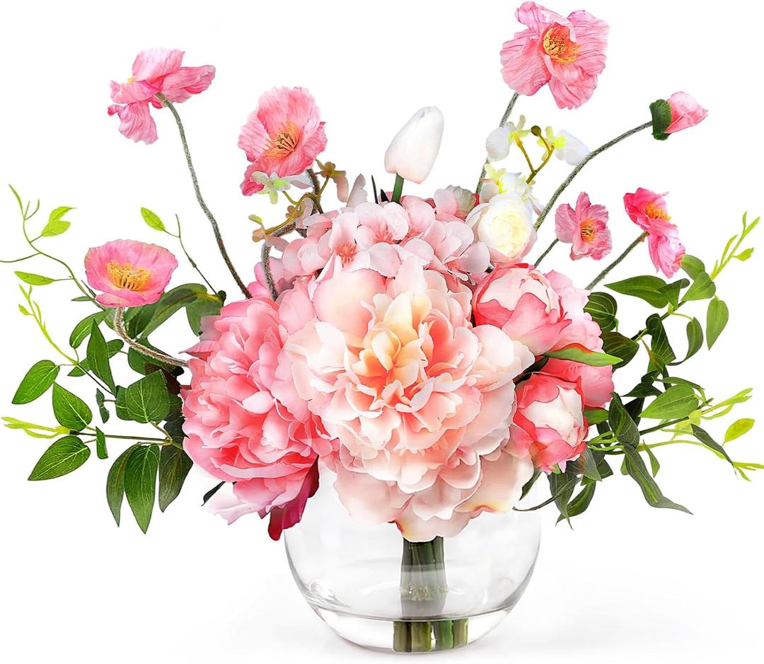 Peonies Artificial Flowers in Vase, Pink Flowers Artificial with Faux Water, Silk Peonies Artificial Flowers Arrangements Indoor Realistic Fake Flowers for Table Wedding Party Home Decor