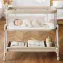 Fodoss Baby Bassinets Bedside Sleeper - Bed Side Bassinet Newborn with Wheels, Storage Tray, 4-Sided Mesh, 7 Height Adjustable, Beige, Crib