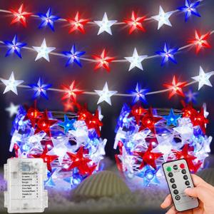 2 Pack 100 LED Red White and Blue Lights - 33 FT 4th of July Patriotic Lights With 8 Modes & Remote - Battery Operated Timer for Memorial Day Independence Day Decorations