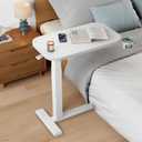 HUANUO 28Inch Bedside Table with Wheels, Height-Adjustable Rolling Computer Cart, Overbed Table with Cup Holder, Pneumatic Laptop Standing Desk for Home Office, White, Small-28 Inch