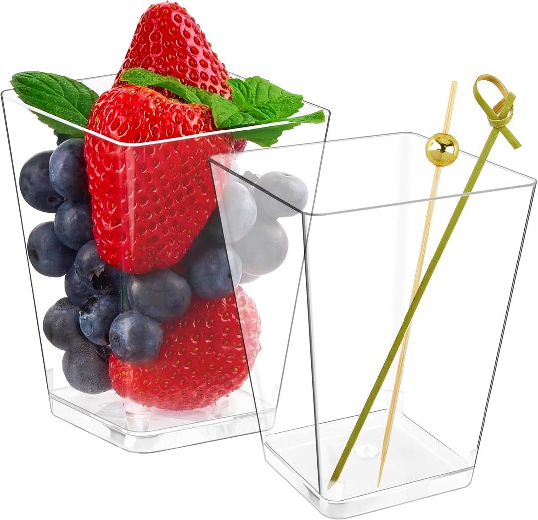Kucoele 50 Sets 5oz Plastic Charcuterie Cups With Sticks - Disposable Clear Appetizer Fruit Salad Cups for Party (50 Cups + 100 Cocktail Picks)