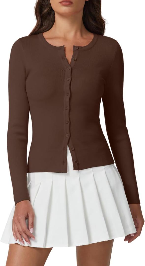 QINSEN Womens Long Sleeve Crewneck Cardigan Sweater Lightweight Button Down Knit Tops Outerwear (Medium, Brown)