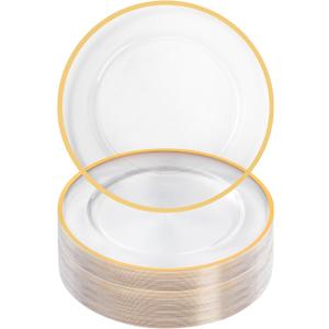 Goodluck 12 Inch Charger Plates, 50 Pack Clear Charger Plates with Gold Trim, Plastic Charger Plate Bulk for Dinner, Wedding, Party, Event Decoration, Clear&Gold