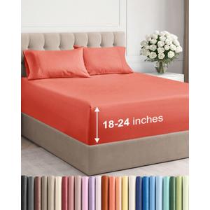 Extra Deep Queen Sheet Set - 4 Piece Breathable & Cooling Bed Sheets - Easily Fits 18 to 24 inch Mattress - Ultra Soft, Wrinkle & Fade Free w/ Extra Deep Pockets - Comfy Hotel Luxury Bedding - Coral