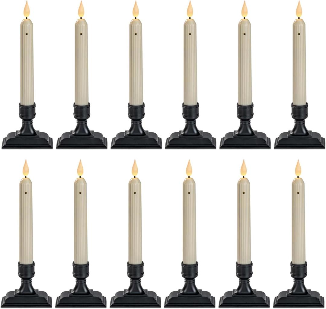 Homemory 12 Pcs Window Candles with Sensor Dusk to Dawn, Ivory Electric Window Candle Flickering, Christmas Fake Candles Battery Operated, Led Candlesticks with Black Holders for Xmas Holiday Decor