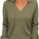 KIRUNDO Long Sleeve Shirts for Women 2025 Fall Fashion Outfits Going Out Tops Collar V Neck Blouses Ribbed Knit Loose Tunic (XL, Army Green)