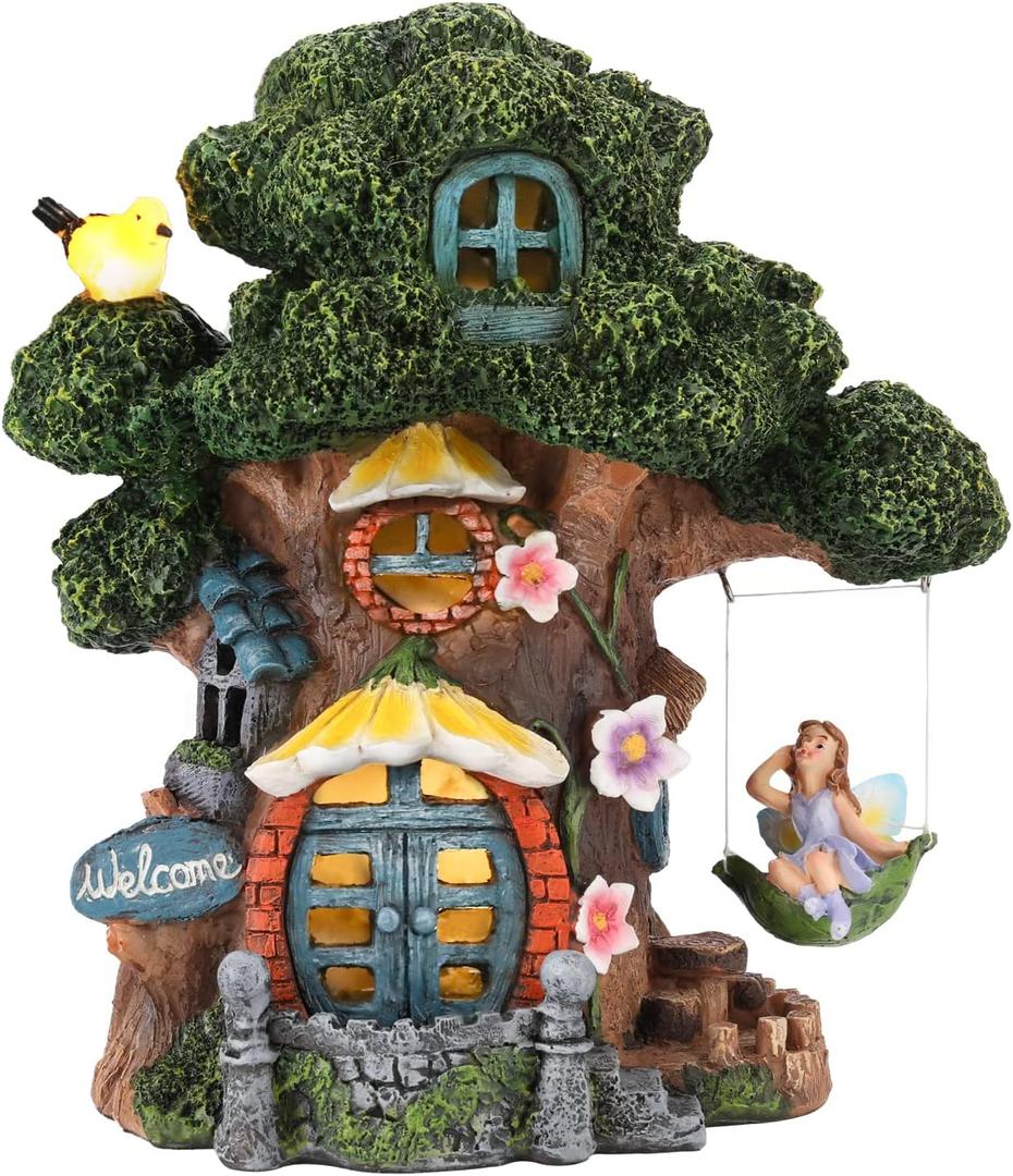 Fairy House Garden Outdoor Decor, Large Garden Gnome House and Fairy Figurines with Solar Lights Waterproof Resin Ornaments Decorations for Patio Yard Lawn