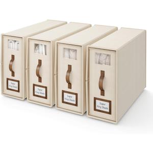 4 Pack Foldable Bed Sheets Set Organizers and Storage(Cal King Size),Linen Fabric Closet Organizers with Window,Folding Bedding Storage Box for Bedsheets and Pillow Cube Organizer-Beige