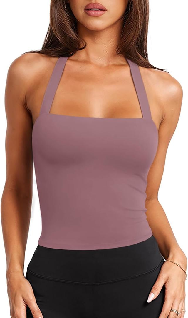 LASLULU Women's Sexy Halter Sports Bra Workout Tops Wirefree Sleeveless Gym Yoga Tank Tops Y2k Casual Crop (Small, Red Bean Paste)