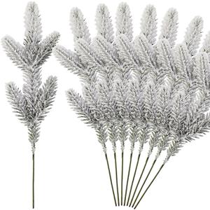 NSBELL 14PCS 11.8inch Snowy Artificial Pine Needles Branches Twigs Frosted Pine Picks Greenery Stems for Crafts, Wreaths, Garlands Holiday Decor