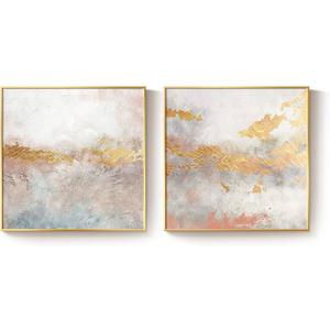 Framed Gold Abstract Wall Art for Living Room 24"x24", 2 Piece Luxury Pink and Gold Canvas Prints Artwork for Walls, Large Square Paintings for Office, Bedroom, Hallway - Total 24" x 48"