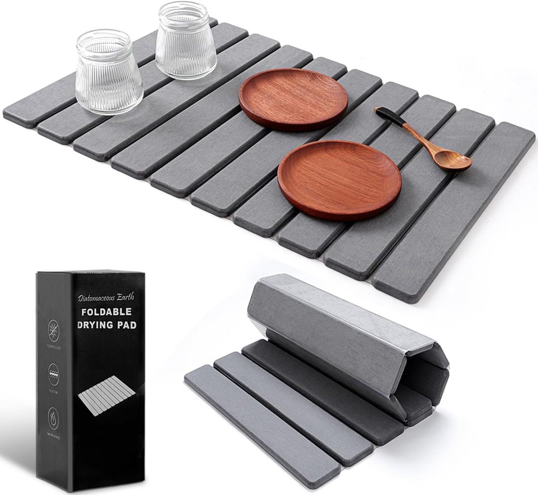 Large Stone Drying Mat for Kitchen Counter & Bathroom Floor  Quick Dry Diatomaceous Earth Mat 24"x16", Foldable Dark Gray Pad for Dishes or Wet Feet