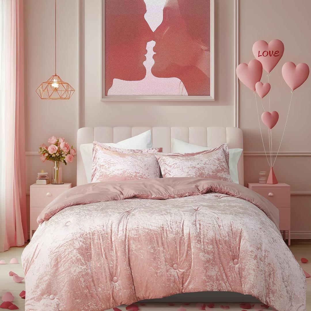 Comfort Spaces Juliette Luxe Comforter Set Velvet Lush with Soft Brushed Microfiber Reverse, All Season Cozy Velvet Bedding Sets, Fluffy Comforter Bed Set, Matching Sham, Blush King 3 Piece