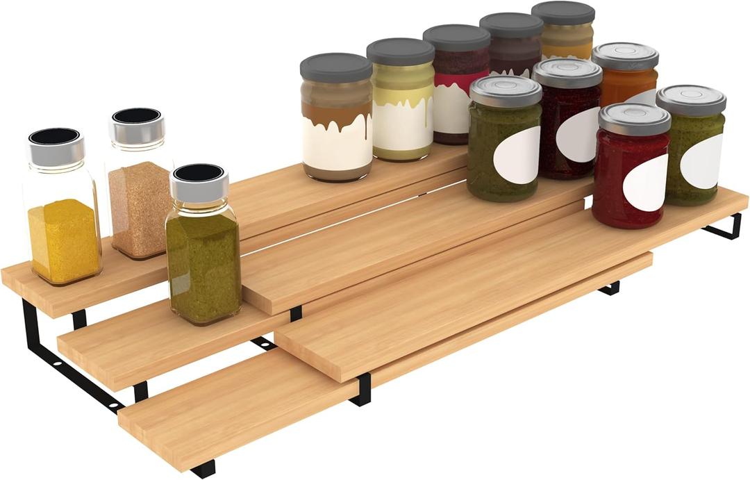 3 Tier Expandable Bamboo Spice Rack Cabinet Step Shelf Organizer for Kitchen Pantry Countertop Cupboard