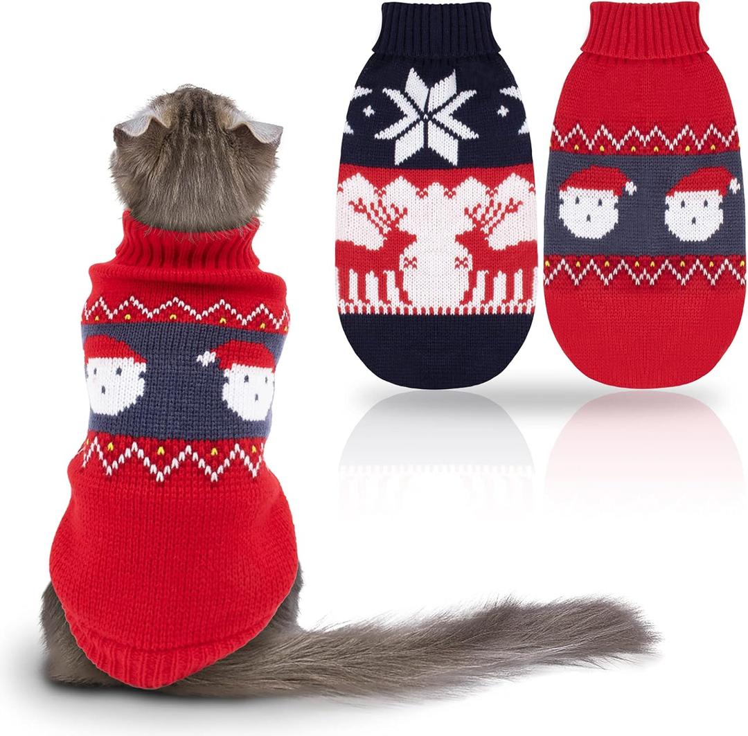 Rypet 2 Packs Cat Christmas Sweater - Puppy Christmas Sweater Pet Turtleneck Knitwear with Reindeer Santa Claus Pattern Sweaters for Kitten and Small Dogs, Size: M
