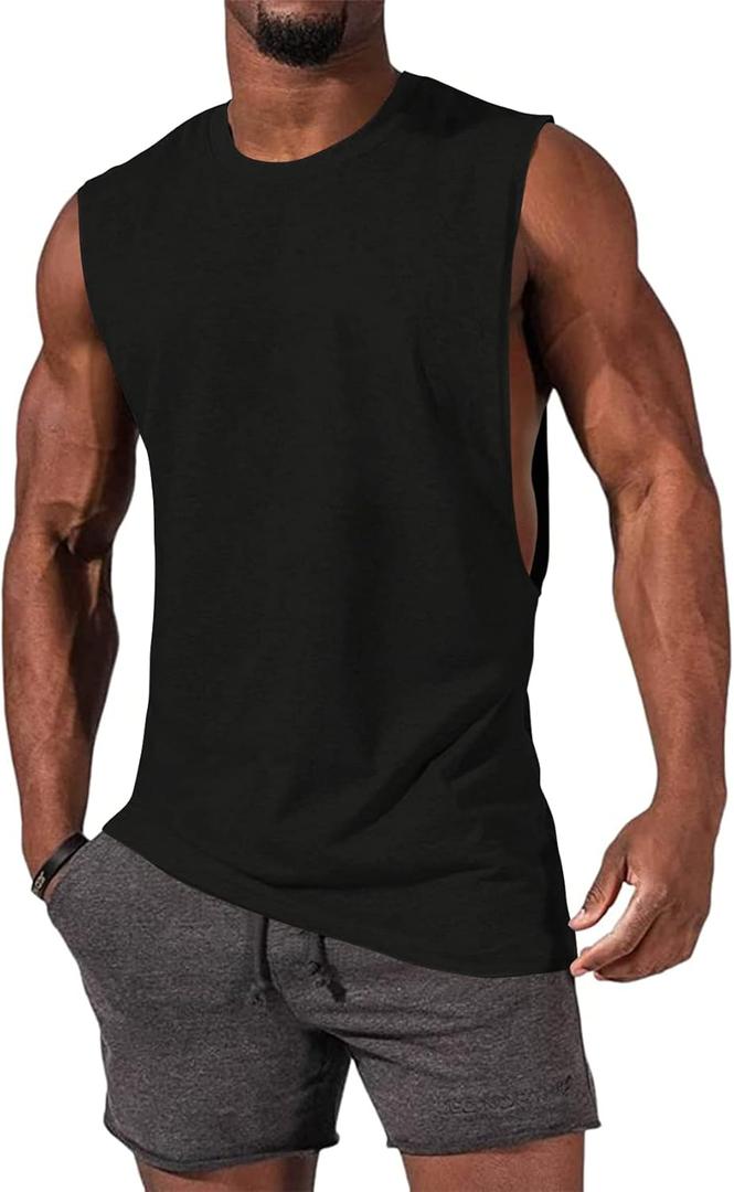 Gafeng Mens Workout Tank Tops Muscle Cut Off Shirts Sleeveless Bodybuilding Gym Cotton T-Shirts (XX-Large, Black)