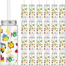 24 Pcs Back to School Plastic Cups for Party with Straw Lid 14.2oz Reusable Tumbler Cups Clear Drink Bottles Containers for Juices Beverage School Party Decorations Supplies(Classic Style)