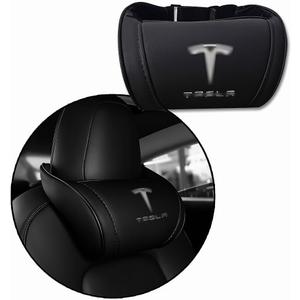 Car Headrest Neck Pillow Support Memory Foam Ergonomic Design Accessory for Driving Seat Fatigue Relief Compatible with Model S X 3 Y & Cybertruck - 1 Piece (A. Black Ver. 2)