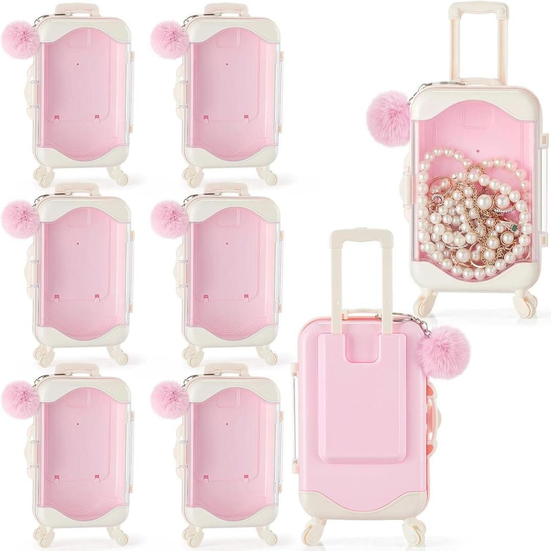 LemonRoad 12 Pcs Mini Empty Suitcase Gift Box and Plush Ball Keychain Clear Candy Luggage Storage Containers Suitcase Packaging Case for Wedding Birthday Bridal Party (Pink)