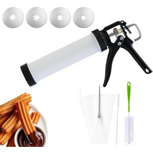Churro Maker Machine Set, Manual Churreras Para Churros with Piping Bag and Tips, Large 2-Cup Capacity, Easy to Press, 4 Thick Stainless Steel Discs, 2 Cleaning Brushes