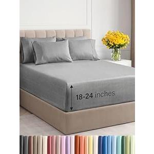 Extra Deep Queen Sheet Set - 6 Piece Breathable & Cooling Sheets - Hotel Luxury Bedding Set w/ 18-24 Inch Extra Deep Pockets - Easy Fit - Super Soft, Wrinkle Free & Comfy - Heathered Grey, Queen Size
