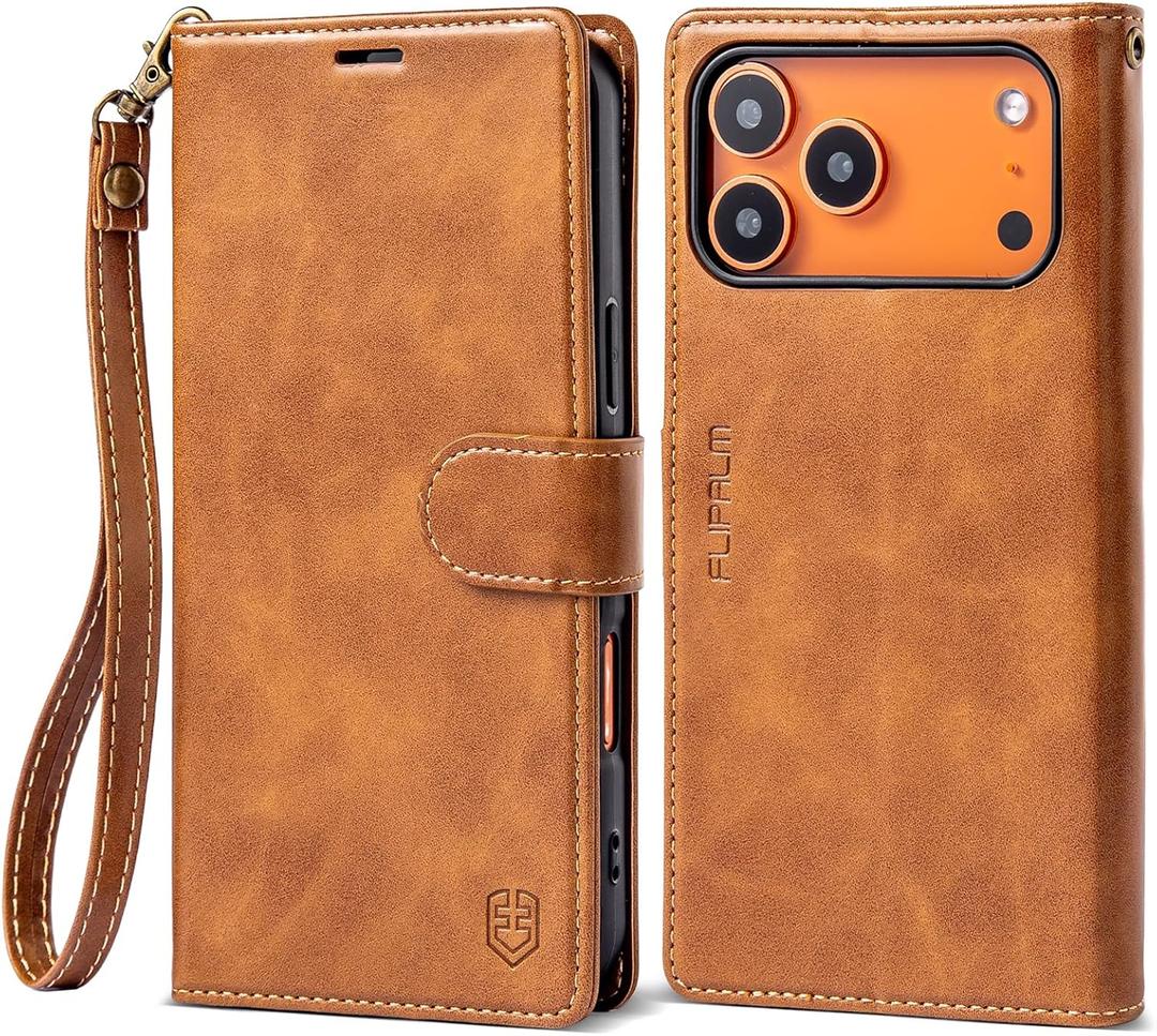 Wallet Case for iPhone 17 Series with Wrist Strap - PU Leather Folio Flip with Credit Card Holder & Kickstand, Protective Cover (Grayish-Brown, for iPhone 17 Pro Max)