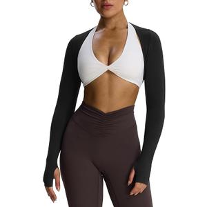 Aoxjox Women's Long Sleeve Open Front Seamless Shrug Thumb Hole Crop Top Workout Cardigan (Black, Large)