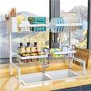 YKLSLH Over Sink Dish Drying Rack, Expandable Large Drying Rack, Suitable for Most Sinks (24.8"-35.4"), Adjustable Metal Rack, Space Saving, White (2 tiers 4 baskets)