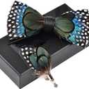 whitefeather Feathers Bow Tie Peacock Pre-tied Bow tie Brooch Sets for Men Adjustable Length Tuxedo Banquet Necktie (Black)