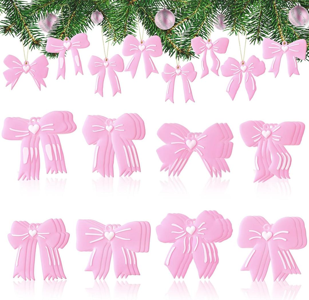 Shellwei 24 Pcs Pink Bow Ornaments for Christmas Tree Pink Coquette Ornaments Bow Hanging Decorations for Christmas Tree Wreath Gift Packaging Home Coquette Room Indoor Holiday Xmas Party Decorations