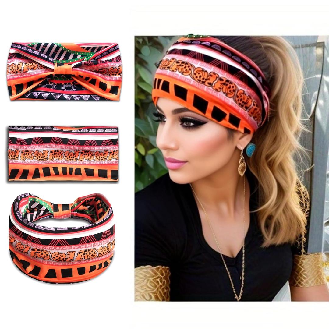 Boho Printed Criss Cross Stretchy Headbands for Women, Multicolor Twist Headwraps, Set of 4
