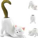 Ceramic Cat Planter Pot for Succulents and Cactus, Small Indoor Kitty Flower Pot with Drainage Hole, 5.71 x 2.95 x 3.86 in, Cute Desk Shelf Home Office Decor, White