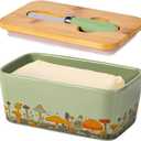 Mushroom Butter Dish with Lid,Large Butter Crock Keeper Saver,Ceramic Butter Container for Countertop with Highly Sealed Silicone Thick Wooden Lid for Kitchen Farmhouse Decor (Mint Green, Mushroom)