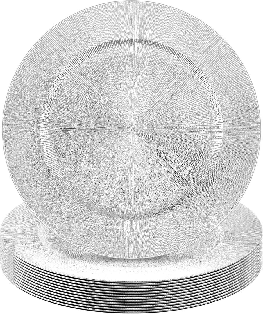Tanlade 12 Pcs Charger Plates Bulk 13 Inch Plastic Round Wedding Chargers Floral Decorative Plates with Metallic Ruffled Rim for Wedding Party, Holiday Event Supplies(Silver)