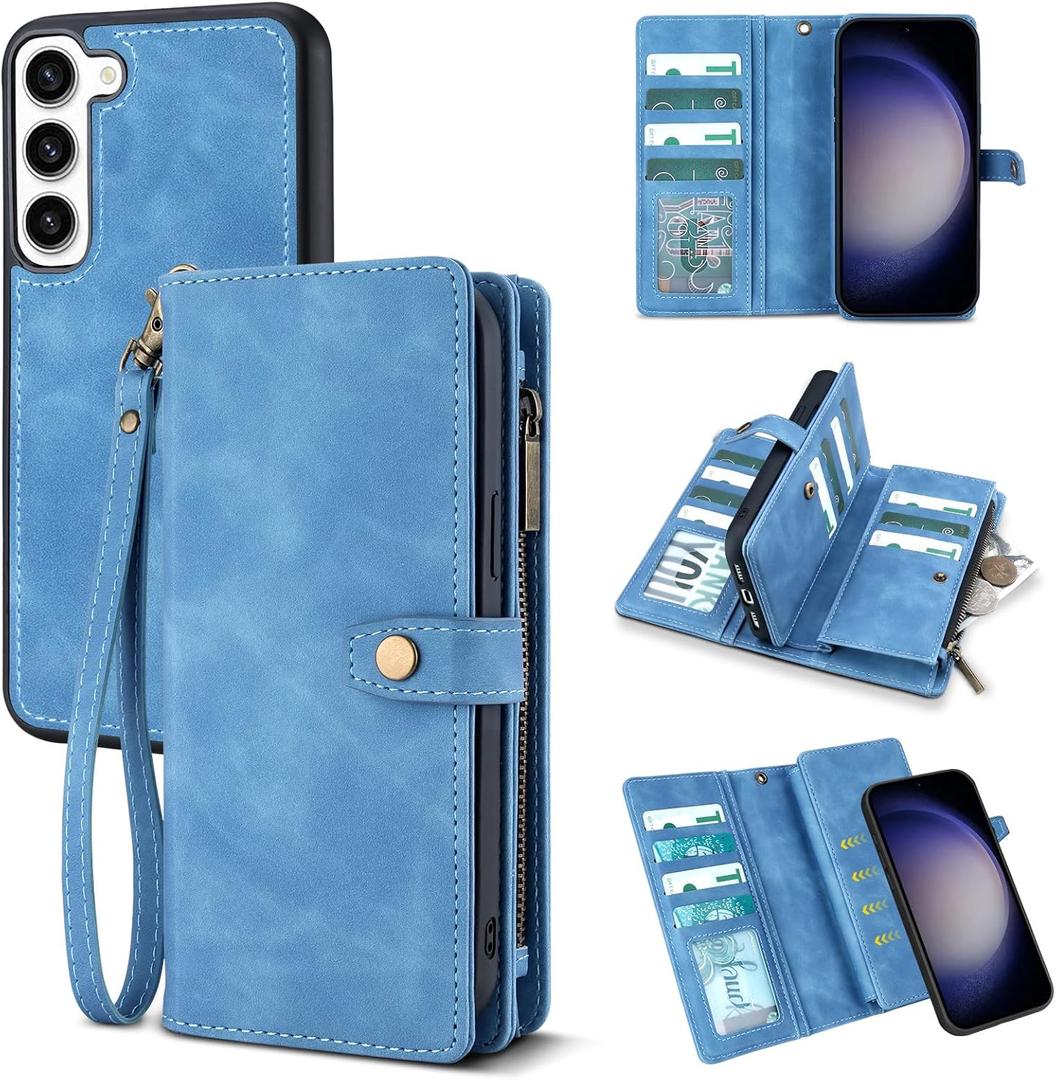 TwoHead for Samsung Galaxy S23 Wallet Case with Card Holder & Detachable Magnetic Phone Case for Galaxy S23,PU Leather Shockproof Protective Phone Cover Wallet with Wrist Strap(6.1 in,Sky Blue)