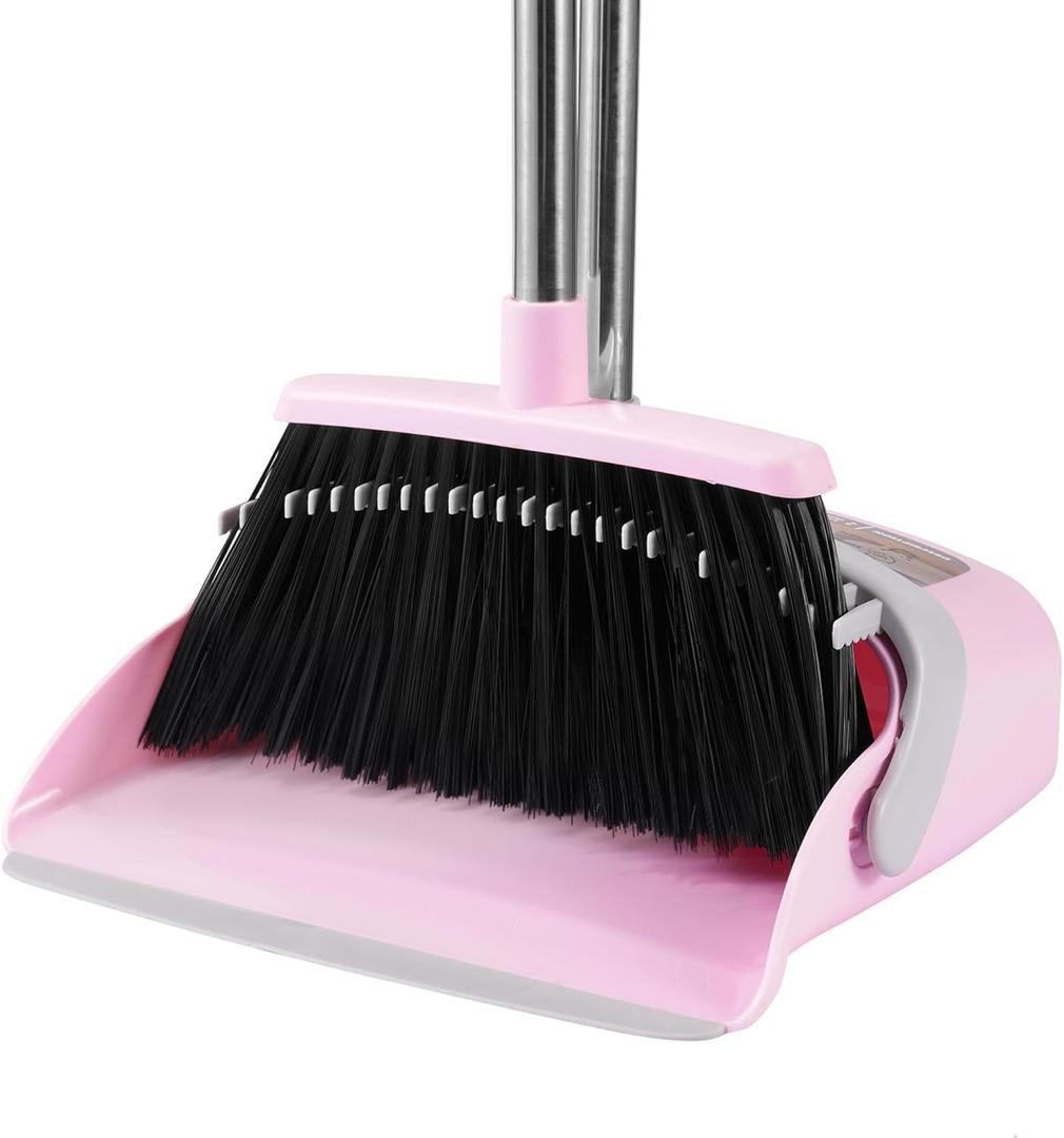 Broom and Dustpan Set, 54 Long Adjustable Household Hand Broom with Dustpan Teeth to Clean Hair Broom with Dustpan Set Heavy Duty to Clean Hair for Home Lobby Office (Pink)