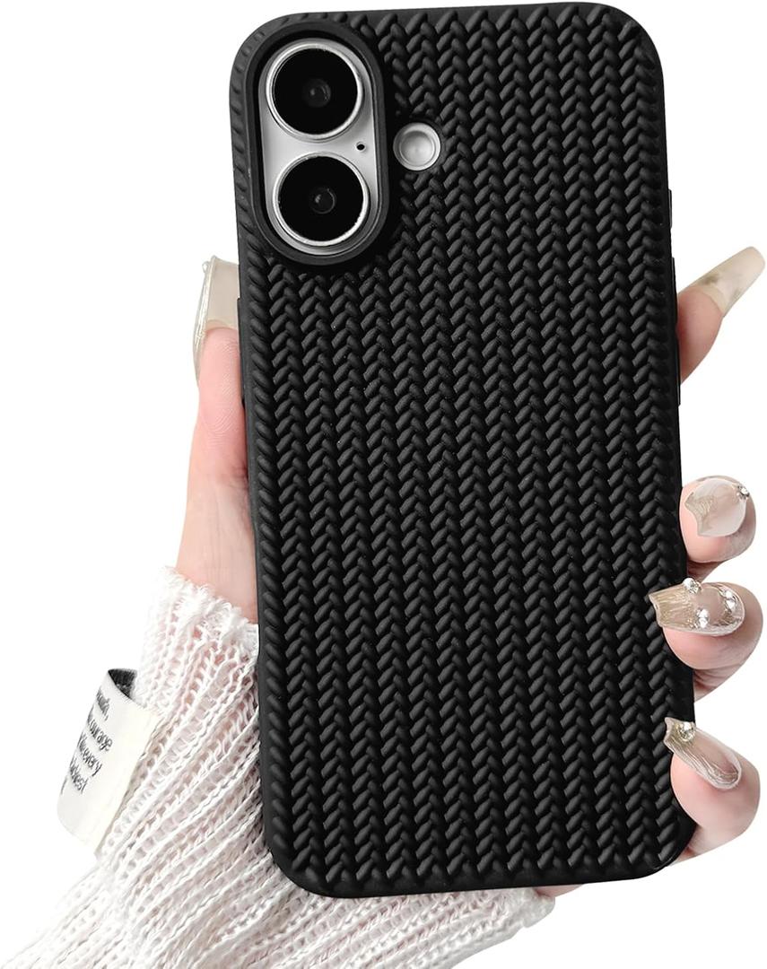 NITITOP Compatible for iPhone 16 Case Cute for Women Girls Woven Pattern Braid Design Solid Color Soft Silicone Shockproof Cover - Black