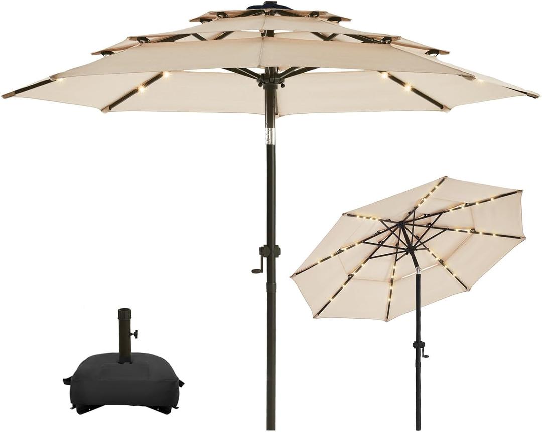 wikiwiki 10FT 3Tiers Solar LED Patio Umbrella with Base, Sturdy Outdoor Market Umbrella with Tilt, Crank and 32 LEDs for Terraces, Pool and Garden, Beige