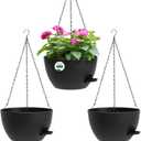 AHJZO 3 Pack 10 Hanging Flower Pots with Chains Self Watering Plastic Planters for Indoor Outdoor Plants, Sturdy Triangular Iron Chain Design for Garden PorchPlastic Hanging Flower pots (3, Black)