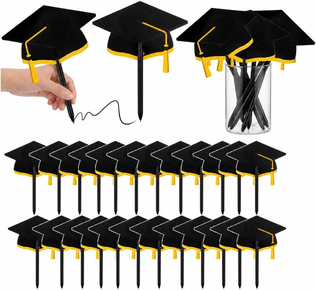 2 x Resurhang 24 Pack Graduation Cap Ballpoint Pens Bulk Class of 2026 Black and Gold Graduation Party Favors Pens with Grad Caps for Grad Gifts School Office Party Supplies Student Gifts