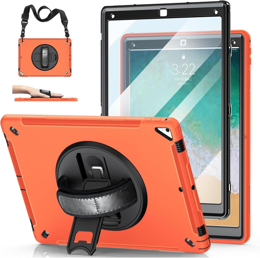 Case for iPad Pro 12.9 2nd Generation 2017 & 2015 1st Generation, Heavy Duty Rugged Shockproof Protective Cover w/ 360 Rotatable Stand + Handle Hand & Shoulder Strap + Pencil Holder-Orange