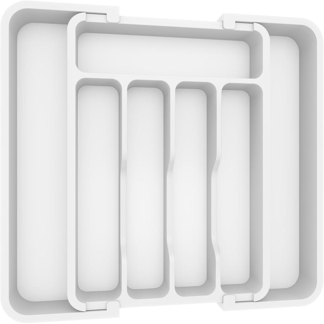 Lifewit Silverware Drawer Organizer, Expandable BPA Free Utensil Tray for Kitchen, Adjustable Flatware and Cutlery Holder for Spoons Forks Knives, Plastic Kitchen Organizers and Storage, White (8.9-14.7 x 12.2 x 1.7 inch (7 slots))
