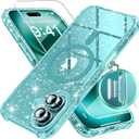 BERFY Magnetic for iPhone 16 Case, [Compatible with Magsafe], with Screen Protector + Camera Lens Protector, [Non-Yellowing] Clear Sparkly Shockproof Hard Phone Case for Women 6.1", Shiny Green