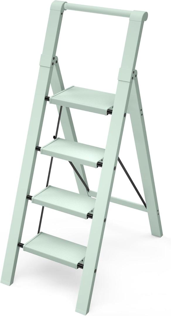 Taranta 4 Step Ladder, Lightweight Aluminum Step Stool with Convenient Handgrip, Folding Ladder with Anti-Slip Pedals, 330lbs Capacity Stepladder for Home, Office, Kitchen - Fairyland Green