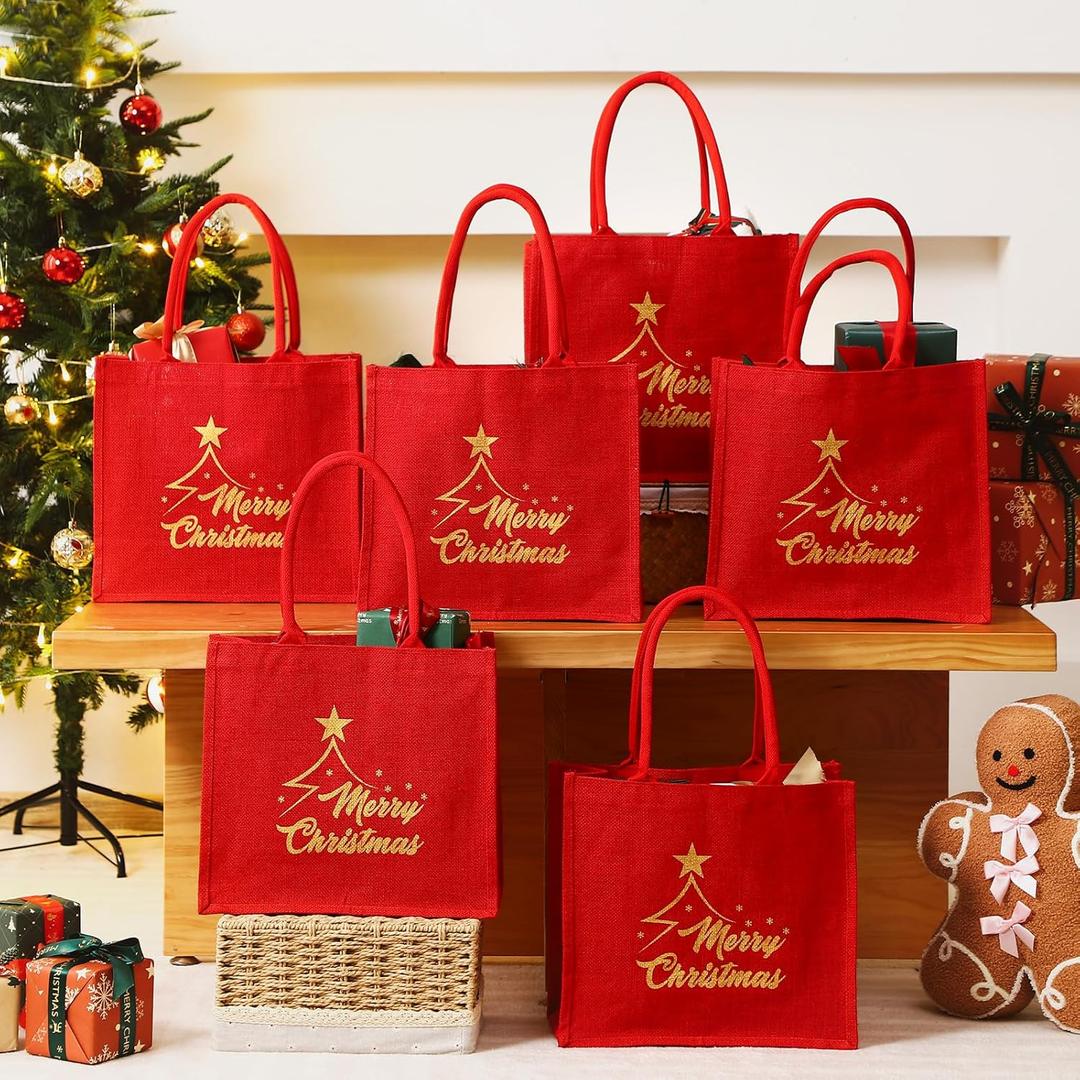 6 Pcs Large Red Burlap Christmas Tote Gift Bags with Handles 13.78" x 12.6" x 5.91" Merry Christmas Reusable Shopping Goody Treat Tote Bags Bulk for Xmas Holiday Party Favor Supplies Decorations