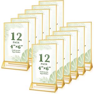 12 Pack Gold Acrylic Sign Holders 4x6, Double Sided Vertical Stand Clear Picture Frame Stands, Menu Flyer Holder for Wedding Table Numbers, Restaurant Signs, Party and Office Photos